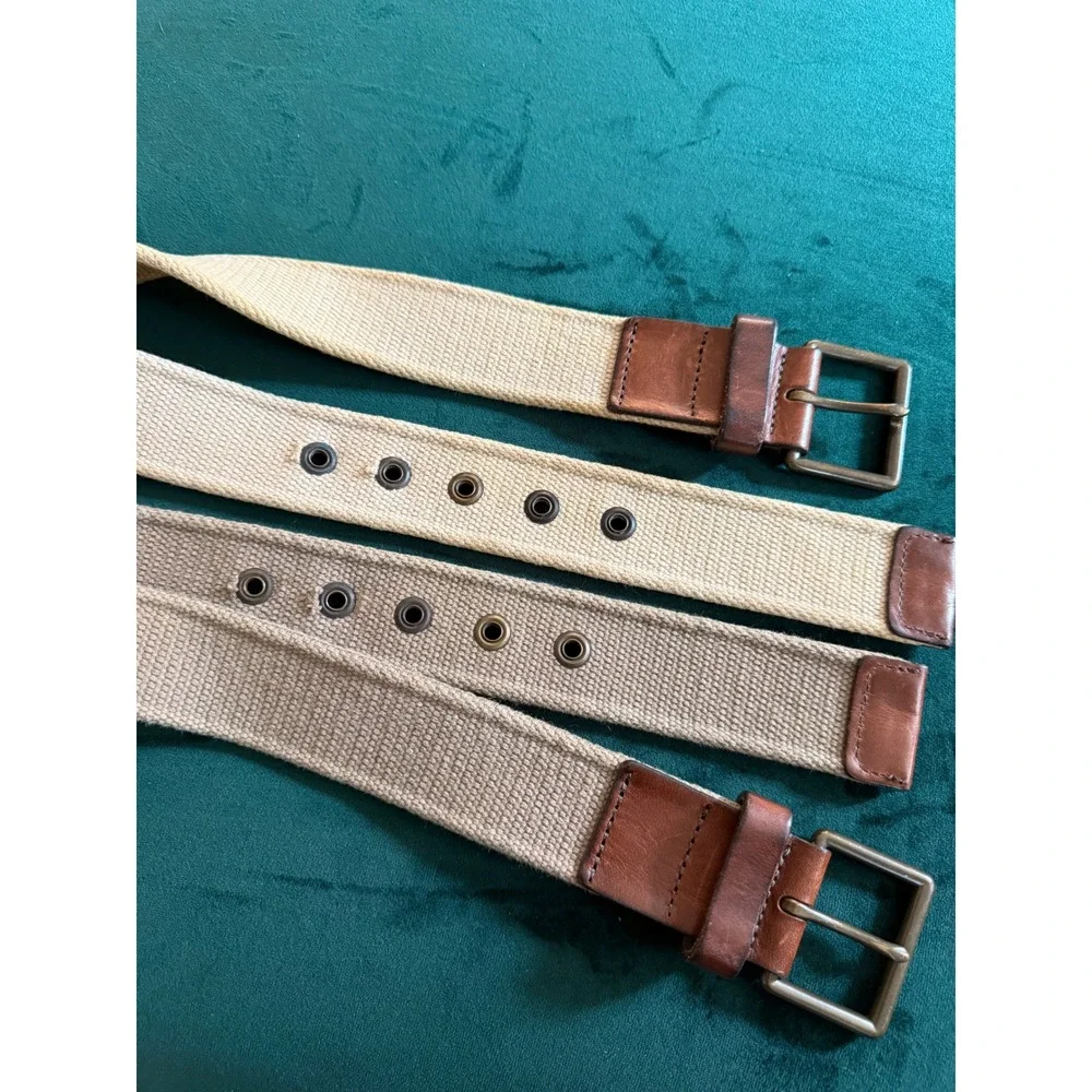 Eddie Bauer Mens Canvas Leather Web Belts Size 32 Made in USA Tan Khaki Lot of 2